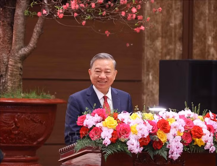 Tổng Bí thư Tô Lâm phát biểu chúc Tết Đảng bộ, chính quyền và nhân dân Hà Nội - Ảnh: TTXVN