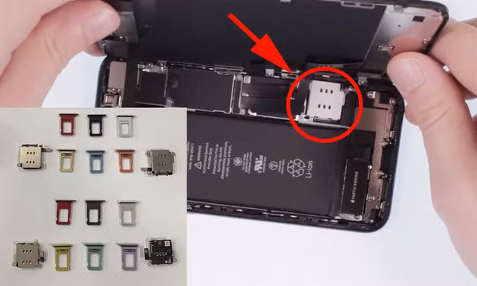 Vị trí khay sim iPhone 11 (vòng tròn đỏ) và khay sim theo màu sắc của máy.