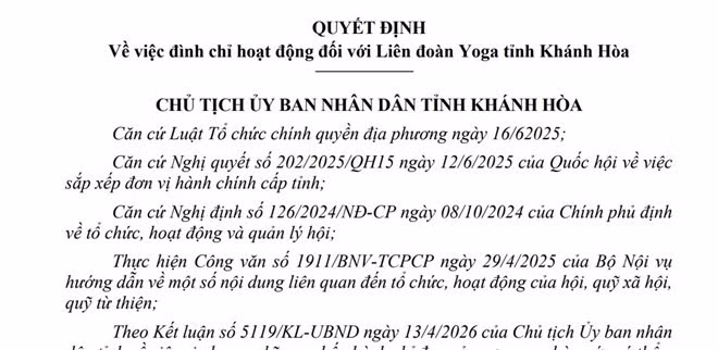 UBND tỉnh Khánh Hòa đình chỉ hoạt động liên đoàn Yoga Khánh Hòa từ hôm nay 25.4. Ảnh: Phương Linh