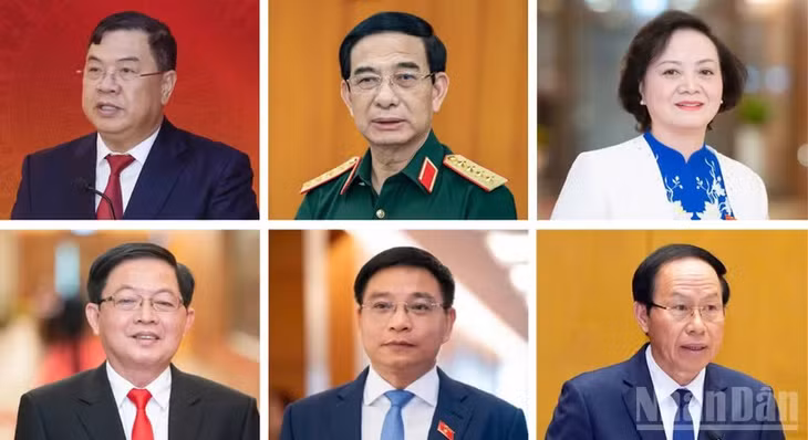 Quốc hội thông qua Nghị quyết phê chuẩn bổ nhiệm Phó Thủ tướng Chính phủ gồm các đồng chí (từ trái qua phải): Phạm Gia Túc, Phan Văn Giang, Phạm Thị Thanh Trà (hàng trên), Hồ Quốc Dũng, Nguyễn Văn Thắng, Lê Tiến Châu (hàng dưới). (Ảnh: VĂN TOẢN)