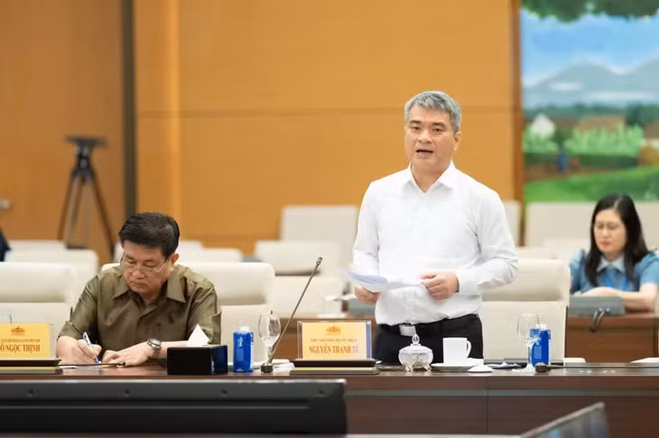 Thứ trưởng Tư pháp Nguyễn Thanh Tú trình bày tờ trình dự thảo Nghị quyết. (Ảnh: DUY LINH)
