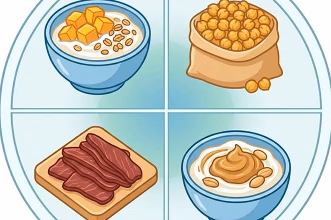Món ăn nhẹ giàu protein giúp duy trì năng lượng suốt ngày dài. Đồ họa: Thiện Nhân