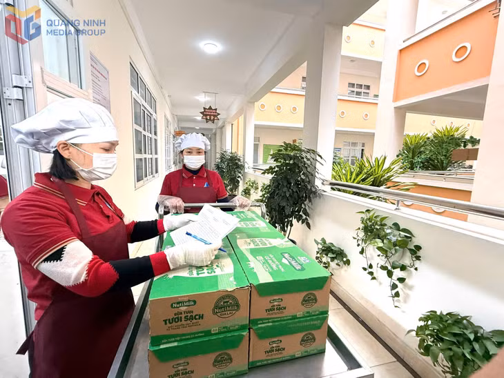 Nhân viên y tế Trường Mầm non Hồng Gai kiểm tra lô sản xuất, hạn sử dụng của sữa trước khi bàn giao cho các lớp.
