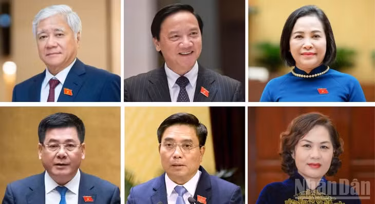 Quốc hội thông qua Nghị quyết bầu Phó Chủ tịch Quốc hội khóa XVI gồm các đồng chí (từ trái qua phải): Đỗ Văn Chiến, Nguyễn Khắc Định, Nguyễn Thị Thanh (hàng trên), Nguyễn Hồng Diên, Nguyễn Doãn Anh, Nguyễn Thị Hồng (hàng dưới). (Ảnh: VĂN TOẢN)