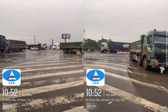 Hiện trường vụ va chạm giữa xe ô tô tải ben và xe máy trên cao tốc Cầu Giẽ - Ninh Bình trong sáng nay. Ảnh: Ban Quản lý đường bộ cung cấp