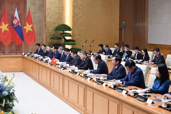 Thủ tướng Lê Minh Hưng và các thành viên Chính phủ Việt Nam hội đàm với Thủ tướng nước Cộng hòa Slovakia Robert Fico. (Ảnh TRẦN HẢI)