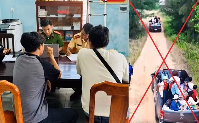 2 tài xế ở Gia Lai bị xử phạt vì chở nhiều người ngồi trên thùng xe bán tải. Ảnh: Công an