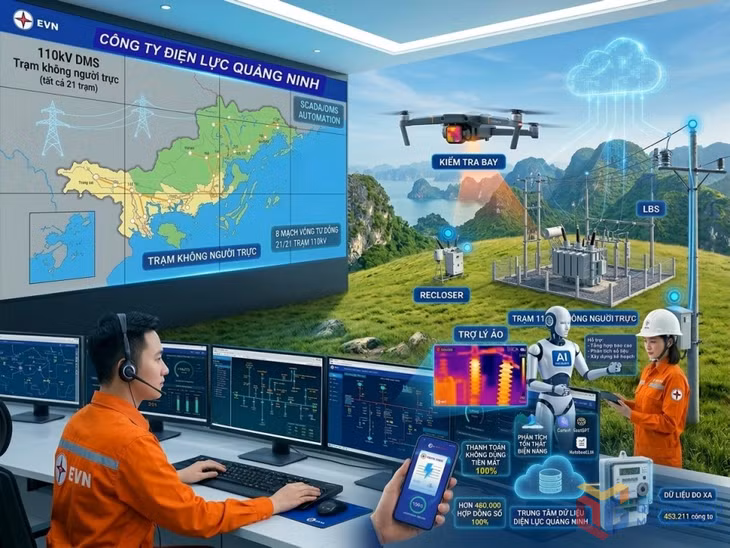 Hình ảnh mô phỏng việc ứng dụng AI từ công tác dự báo, vận hành đến dịch vụ khách hàng của Công ty Điện lực Quảng Ninh.