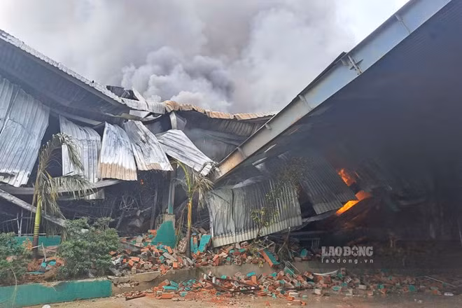 Cháy lớn xảy ra tại Công ty TNHH tổng hợp Tân Đại Hưng (Khu Kinh tế Nhơn Hội, phường Quy Nhơn Đông, Gia Lai). Ảnh: Hoài Phương