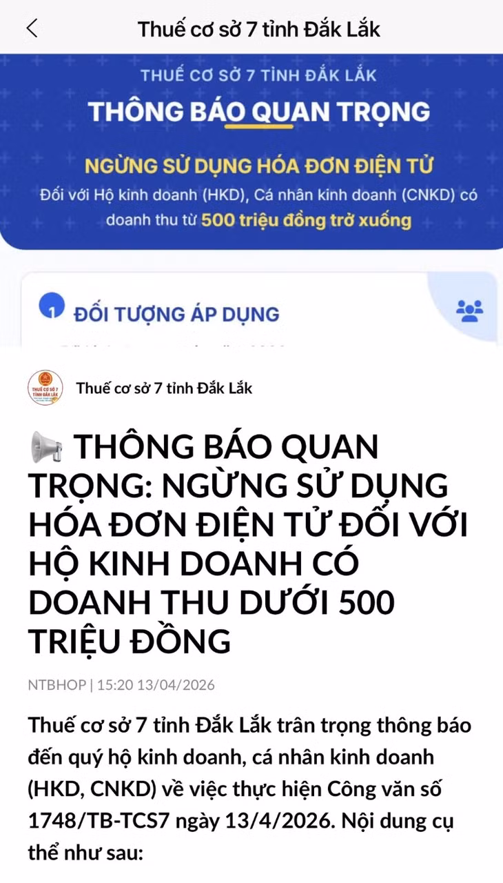 Thông báo của Thuế cơ sở 7 Đắk Lắk về việc ngừng sử dụng hóa đơn với hộ kinh doanh có doanh thu dưới 500 triệu - Ảnh chụp màn hình