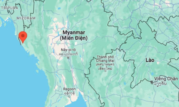 Vị trí thị trấn Buthidaung (chấm đỏ), bang Rakhine, Myanmar. Đồ họa: Google Maps