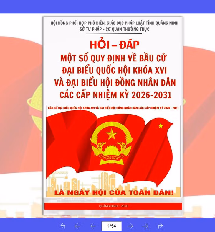 Sách điện tử tương tác “Hỏi - đáp một số quy định về bầu cử đại biểu Quốc hội khóa XVI và đại biểu HĐND các cấp nhiệm kỳ 2026-2031” do Sở Tư pháp biên soạn.