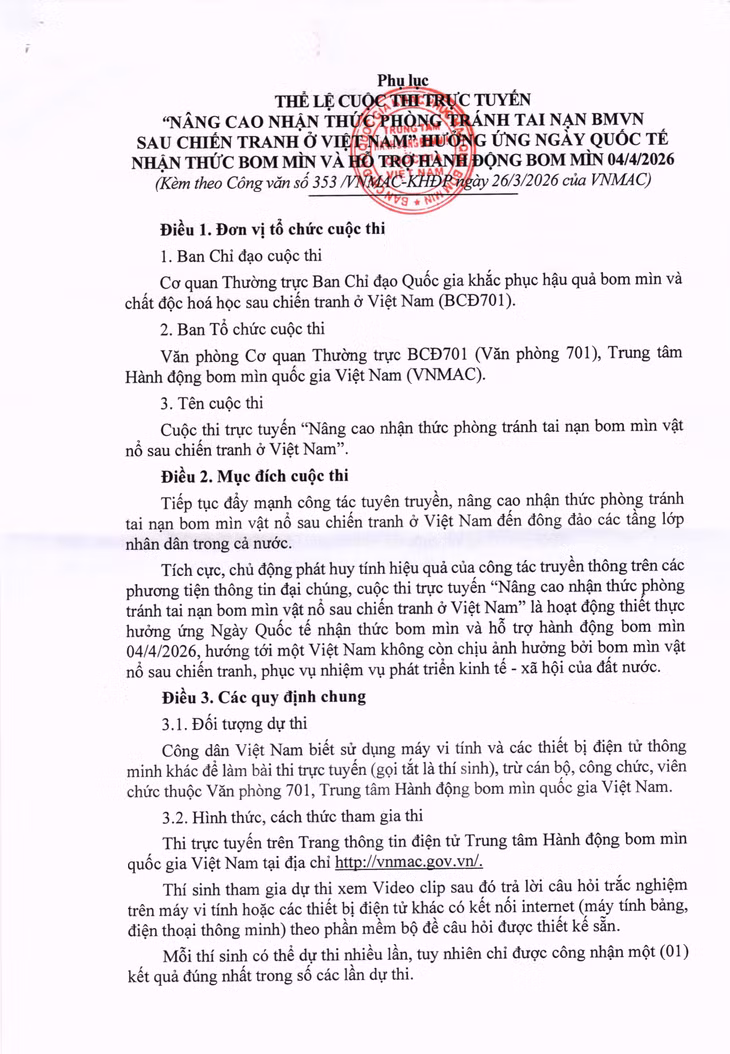 Thể lệ Cuộc thi trực tuyến "Nâng cao nhận thức phòng tránh tai nạn bom mìn vật nổ sau chiến tranh ở Việt Nam" ảnh 1