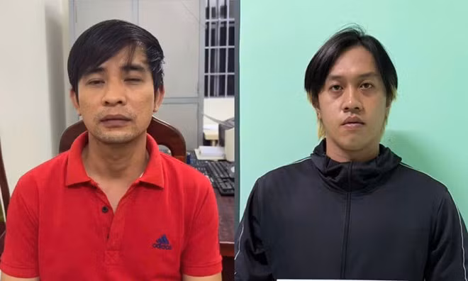 Thông (trái) và Hải tại cơ quan điều tra sau khi xảy ra vụ án mạng. Ảnh: Công an Tây Ninh