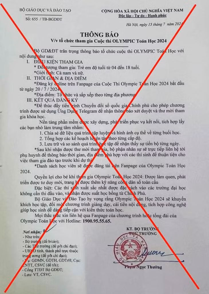 Văn bản trên mạng xã hội giả mạo Bộ Giáo dục và Đào tạo mời tham gia Olympic Toán học