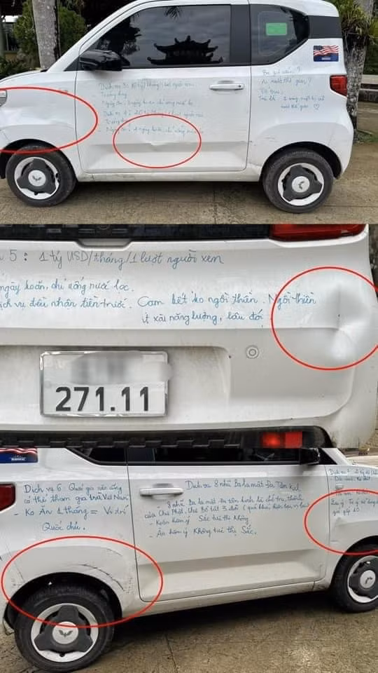 Chiếc ô tô được người phụ nữ viết các dòng chữ lạ.