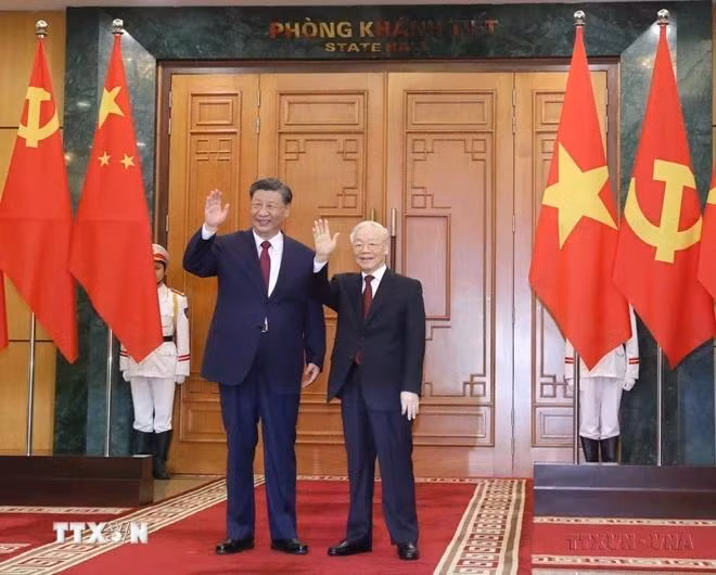 Tổng Bí thư Nguyễn Phú Trọng đón, hội đàm với Tổng Bí thư, Chủ tịch Trung Quốc Tập Cận Bình thăm cấp Nhà nước tới Việt Nam (Hà Nội, chiều 12/12/2023). Ảnh: TTXVN
