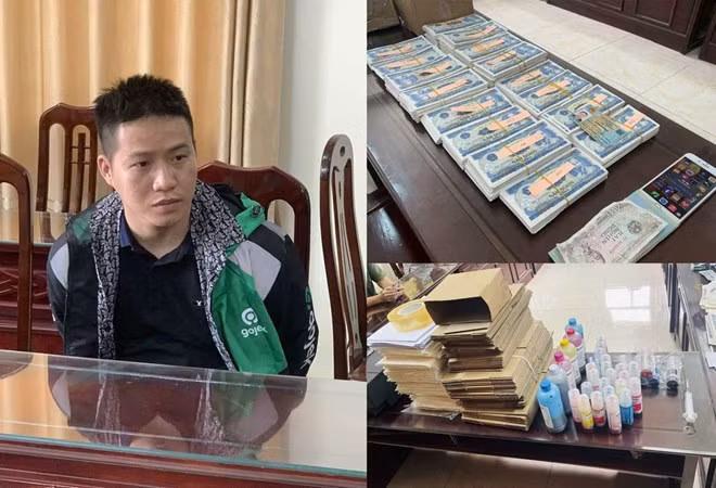 Đối tượng Hoàng Văn Quảng và tang vật bị thu giữ. Ảnh: Công an tỉnh Nam Định