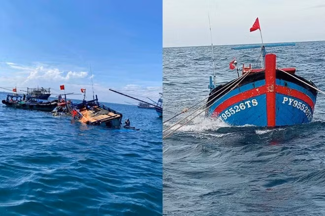 4 ngư dân Phú Yên gặp nạn trên biển được 2 tàu cá Bình Định kịp thời cứu vớt. Ảnh: Châu Cẩm Văn