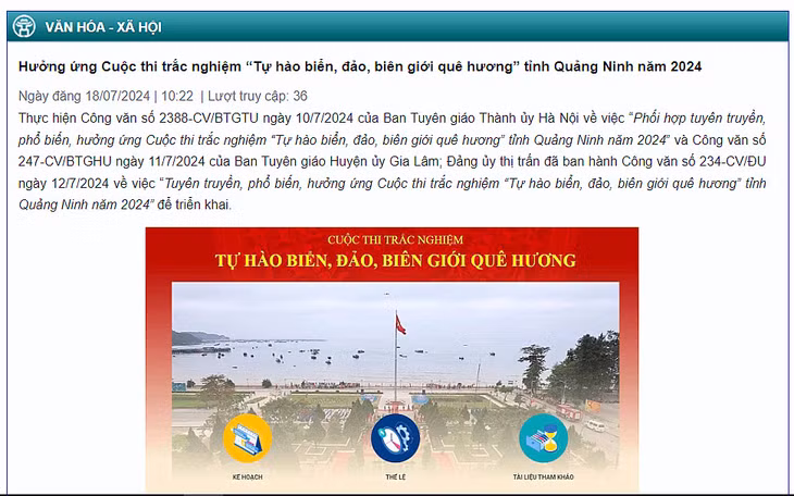 Thành ủy Hà Nội, Huyện ủy Gia Lâm, Đảng ủy thị trấn Trâu Quỳ ban hành các văn bản và đăng tải thông tin trên Cổng thông tin điện tử về việc hưởng ứng Cuộc thi trắc nghiệm “Tự hào biển, đảo, biên giới quê hương” do tỉnh Quảng Ninh tổ chức năm 2024.