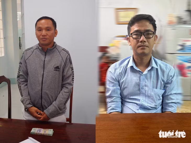 Bị can Ngô Ngọc Quyền (trái) và bị can Nguyễn Quốc Huy tại Cơ quan điều tra Công an tỉnh Kiên Giang - Ảnh: HOÀNG ĐÔ