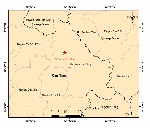 Tâm chấn trận động đất mạnh 4.4 độ chiều nay ở Kon Tum.
