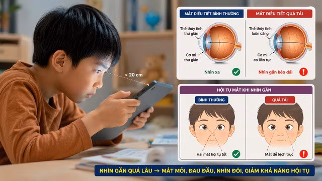 Sử dụng máy tính bảng trong thời gian dài ở khoảng cách quá gần có thể làm hệ thống điều tiết và hội tụ mắt của trẻ hoạt động quá tải