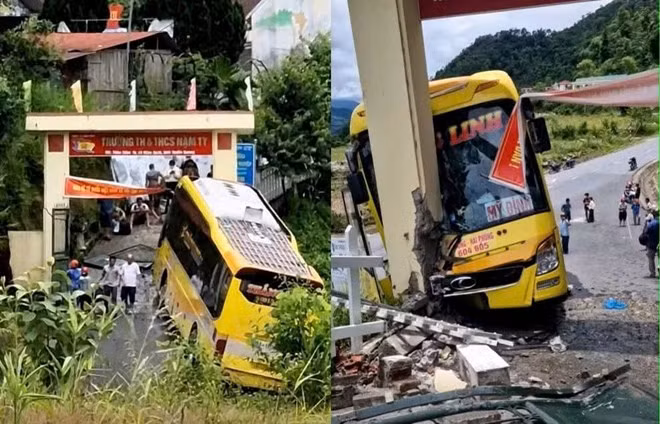 Hiện trường vụ xe khách lao vào cổng trường. Ảnh: Phú Nguyễn