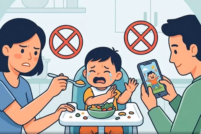 Những thói quen trong bữa ăn cha mẹ nên bỏ ngay để tránh ảnh hưởng đến trẻ. Đồ họa: Thiện Nhân