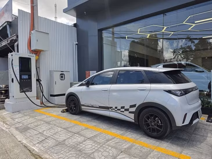 Xe điện được sạc đầy trước khi đi đường đèo - Ảnh: VĨNH PHÚC