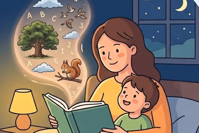 Cha mẹ đọc truyện trước khi ngủ giúp con hình thành nhiều kỹ năng quan trọng. Đồ họa: Thiện Nhân