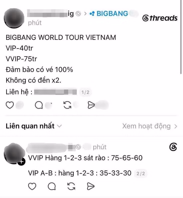 Big Bang chưa mở bán vé concert, trên mạng xã hội đã bắt đầu đăng bán vé với mức giá đắt đỏ. Ảnh: Cắt từ Thread