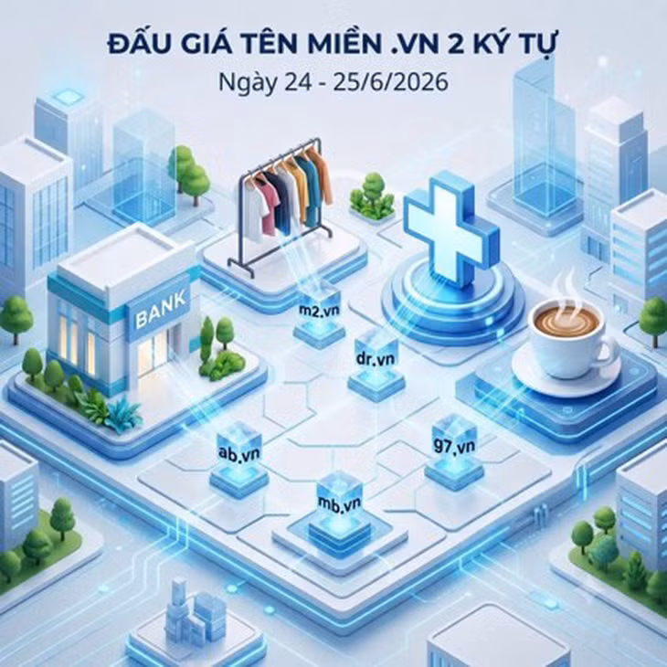 Từ ngày 24 đến 25/6/2026 sẽ có 76 tên miền cấp 2 có 02 ký tự dưới tên miền ".vn" chính thức được đưa ra đấu giá