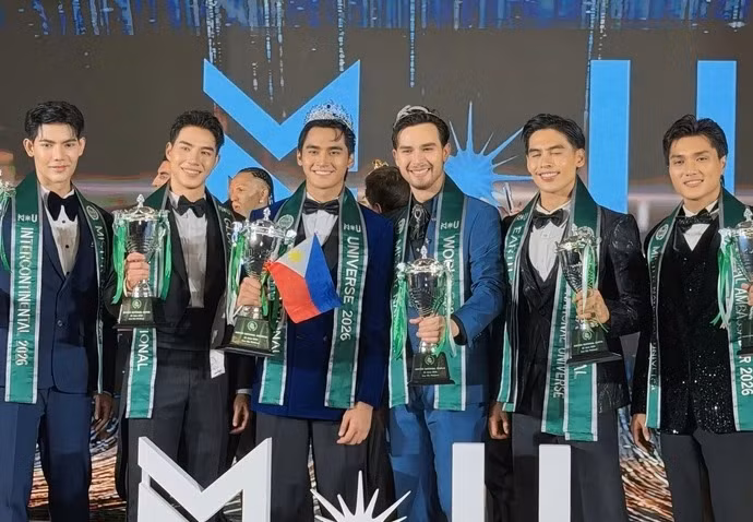 Top 6 Nam vương Hoàn vũ 2026 (từ trái qua): đại diện của Thái Lan, Lào, đảo Boracay (Philippines), Philippines và Việt Nam - Ảnh: Mister National Universe Vietnam