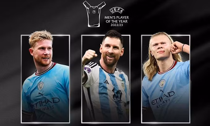 Từ trái sang: De Bruyne, Messi và Haaland vào Top 3 Cầu thủ hay nhất của UEFA. Ảnh: UEFA