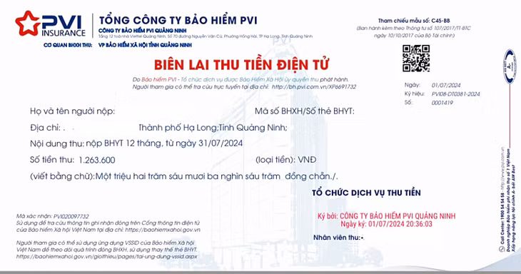 Biên lai điện tử do Công ty Bảo hiểm PVI Quảng Ninh phát hành.