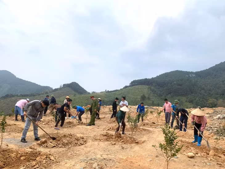 Cán bộ và nhân dân xã Đại Dực, huyện Tiên Yên hưởng ứng hoạt động trồng cây tại bãi thải thôn Kéo Kai.