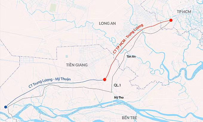 Cao tốc Trung Lương - Mỹ Thuận nối với tuyến TP HCM - Trung Lương giúp rút ngắn thời gian từ miền Đông đi miền Tây. Đồ hoạ: Đăng Hiếu