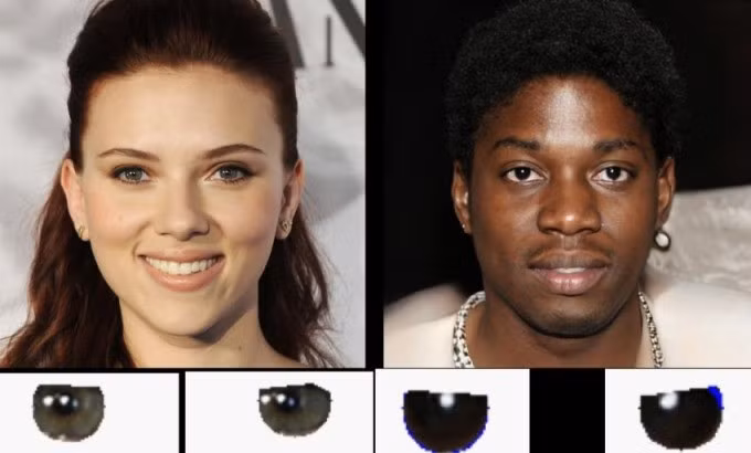 Ảnh chụp thật Scarlett Johansson có hình ảnh phản chiếu giống nhau trong hai mắt. Ảnh AI bên phải có hình ảnh phản chiếu không giống nhau. Ảnh: Petapixel