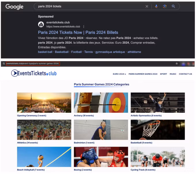 Giao diện một trang lừa đảo, giả mạo trang bán vé của Omympics Paris 2024. Nguồn: Fortinet