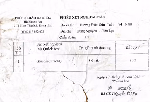 Kết quả xét nghiệm máu của chú Sáu - Đường huyết cao tới 10.3mmol/l