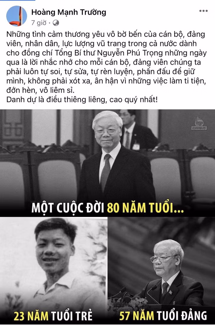 Tài khoản Facebook Hoàng Mạnh Trường đăng tải lời nói của đồng chí Tổng Bí thư trên trang Facebook cá nhân.
