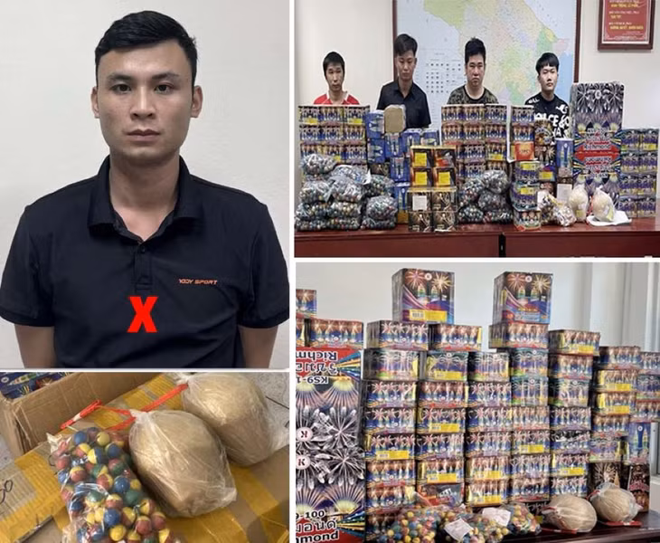 Các đối tượng cùng số pháo nổ bị bắt giữ tại cơ quan công an. Ảnh: Công an Thanh Hóa