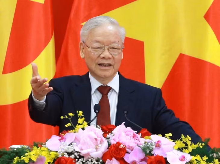 Tổng Bí thư Nguyễn Phú Trọng phát biểu tại buổi gặp gỡ nhân sỹ hữu nghị và thế hệ trẻ Việt Nam - Trung Quốc (12/2023). Ảnh: Phương Hoa/TTXVN