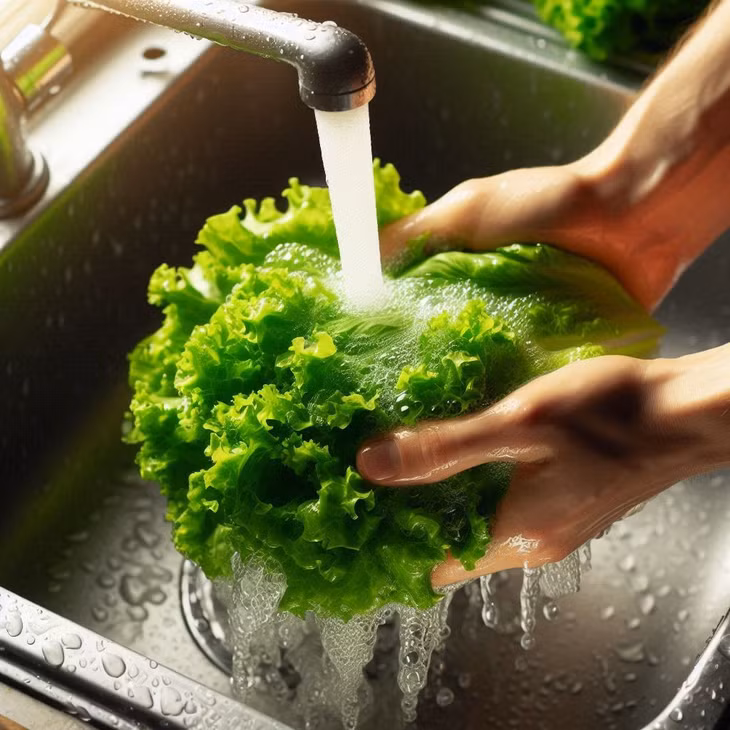 Rửa sạch xà lách không thể ngăn ngừa tuyệt đối nguy cơ nhiễm E. coli. Ảnh minh họa: AI