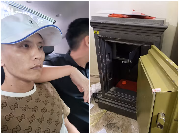 Đối tượng Lê Tô Hùng Mạnh và chiếc két sắt bị cạy phá.