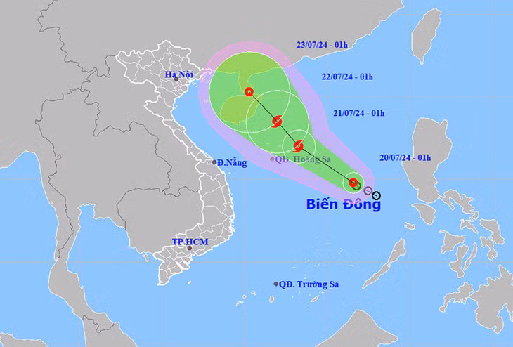 Vị trí và đường đi của áp thấp nhiệt đới. Ảnh: NCHMF