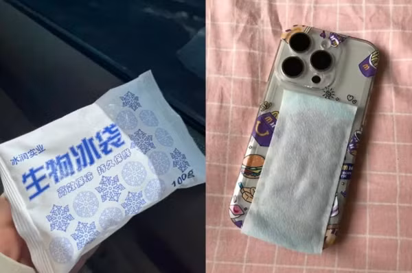 Túi đá và miếng dán hạ nhiệt được người dùng Trung Quốc chống "say nắng" cho smartphone. Ảnh: Sina