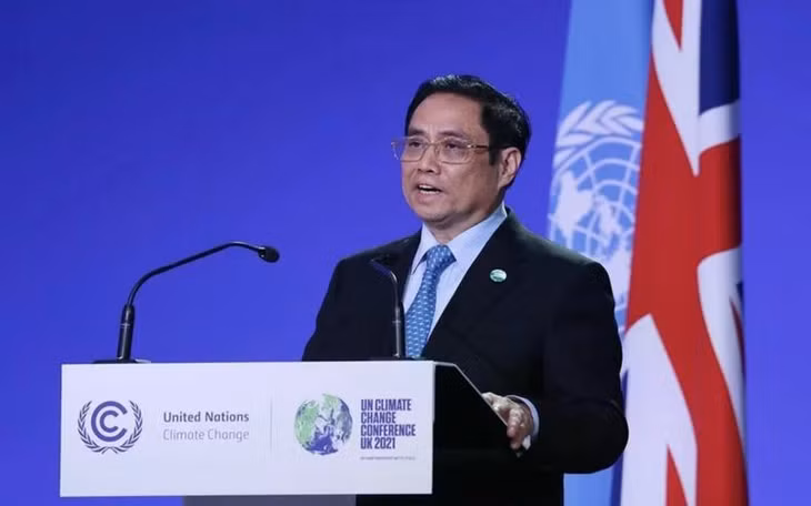 Thủ tướng Phạm Minh Chính phát biểu tại Hội nghị thượng đỉnh khí hậu được tổ chức trong khuôn khổ Hội nghị lần thứ 26 các Bên tham gia Công ước khung của Liên hợp quốc về Biến đổi khí hậu (COP26), Glasgow, Scotland, Vương quốc Anh. (Ảnh: TTXVN)
