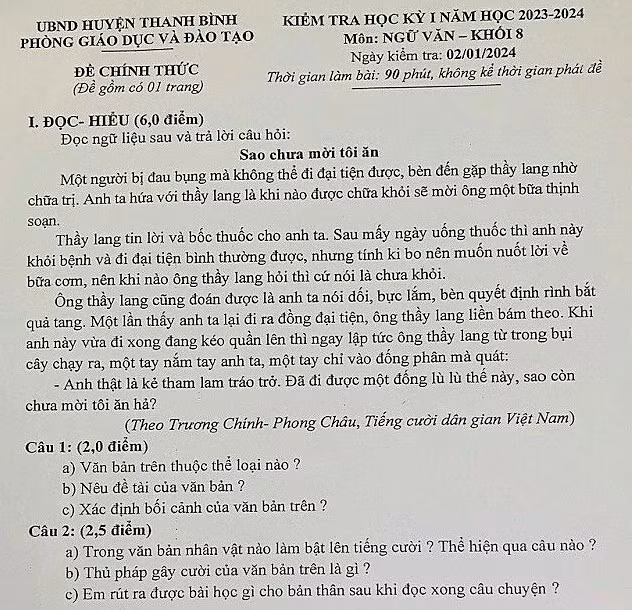 Đề thi môn văn lớp 8 ở huyện Thanh Bình. Ảnh: Ngọc Tài